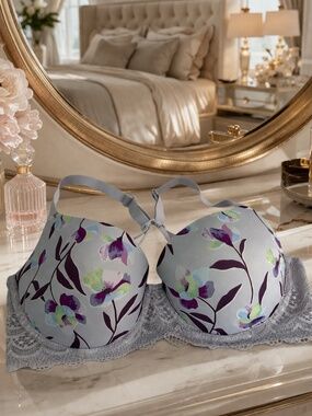 Auden 38DD Padded Push Up Bra Floral Lace Gray Multi Racerback Convertible